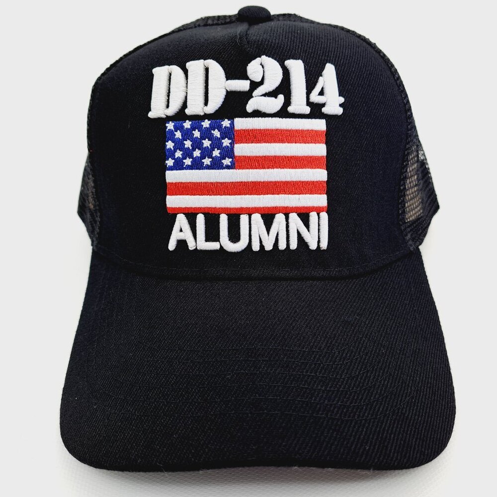 DD-214 Alumni Hat Cap Mesh Snapback Black Embroidered U.S. Flag